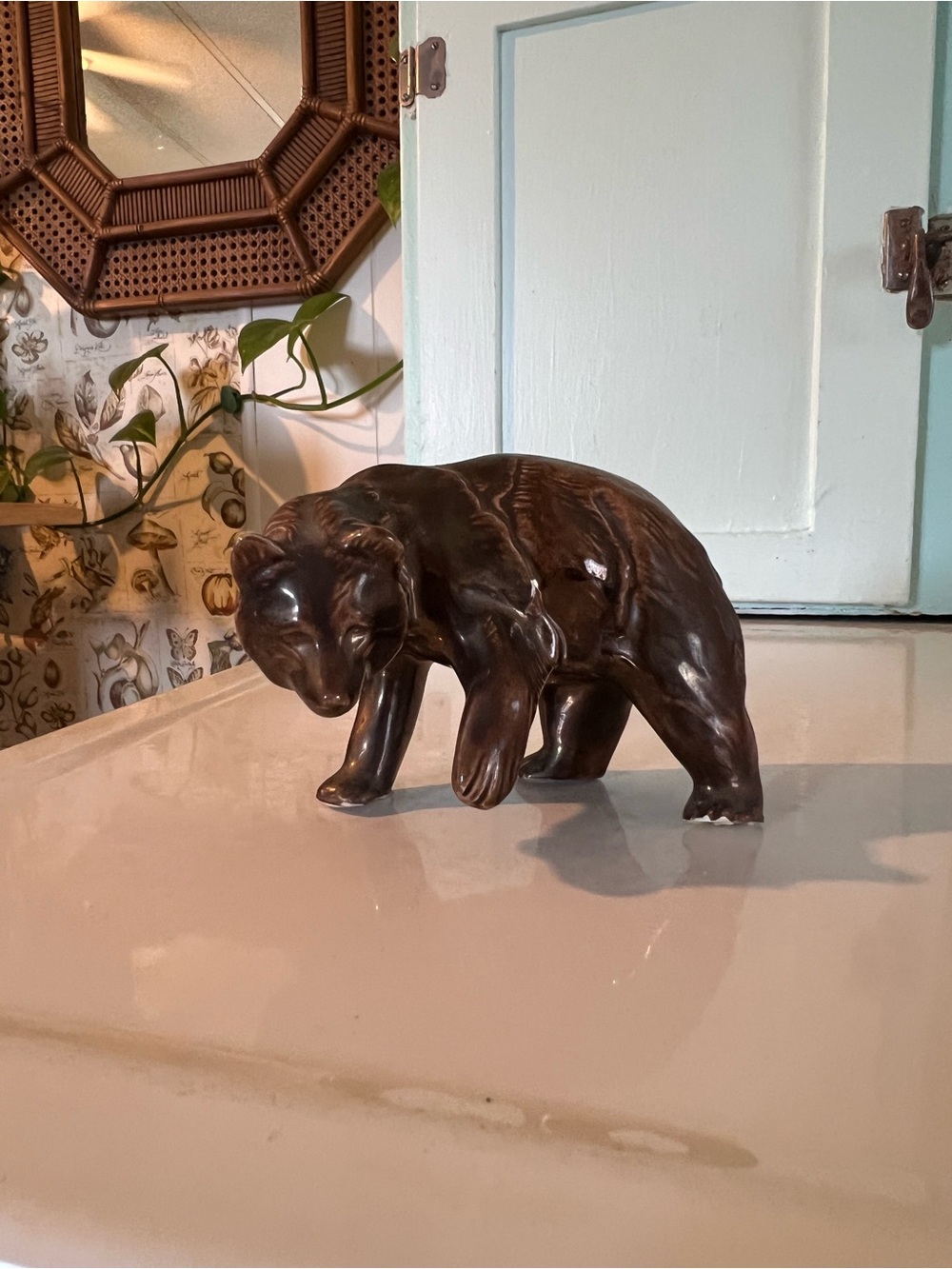 Vintage Ceramic Brown Bear With Lifted Paw